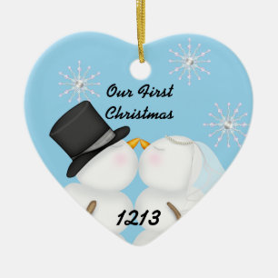 Kissing Snowmen Married Our 1st Chrismas Snowflake Ceramic Ornament