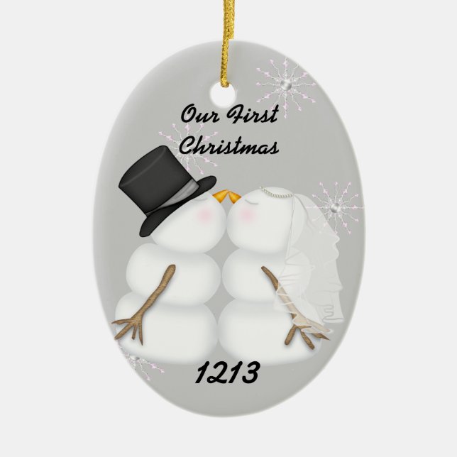 Kissing Snowmen Married Our 1st Chrismas Snowflake Ceramic Ornament (Front)