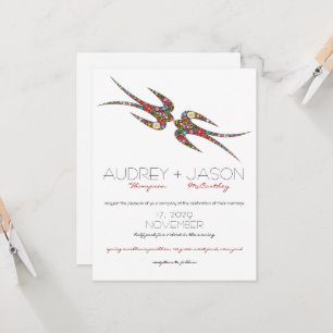 Kissing Swallows & Colourful Spring Flowers Weddin Invitation