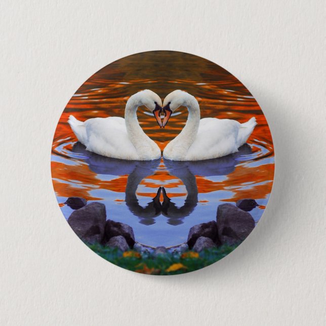 Kissing Swans in Love, Heart Shape Necks 2 Inch Round Button (Front)