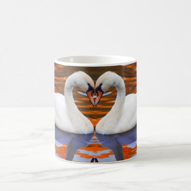 Kissing Swans in Love, Heart Shape Necks Coffee Mug (Center)