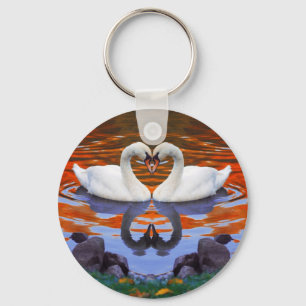 Kissing Swans in Love, Heart Shape Necks Keychain