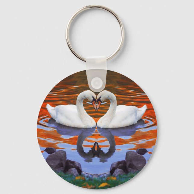 Kissing Swans in Love, Heart Shape Necks Keychain (Front)