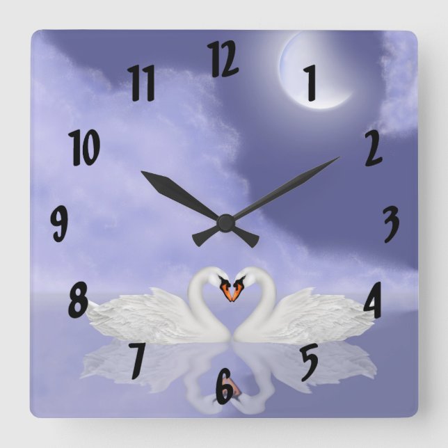 Kissing Swans Square Wall Clock (Front)