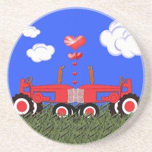 Kissing Tractors Hearts Coaster