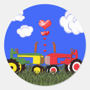 Kissing Tractors under Hearts Classic Round Sticker