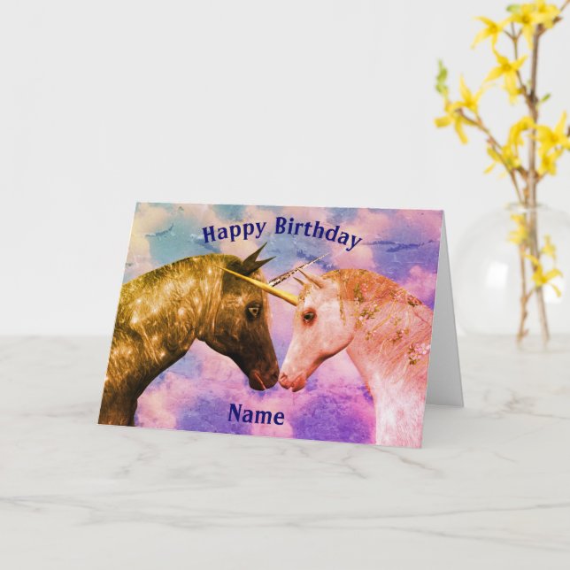 Kissing Unicorns Fantasy Personalized Birthday  Card (Yellow Flower)