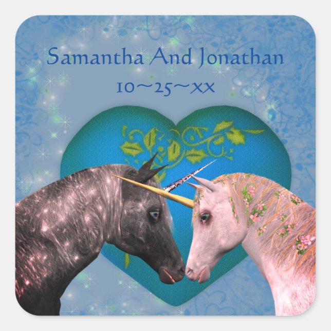 Kissing Unicorns Heart Personalized Wedding  Square Sticker (Front)