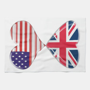 Kissing USA and UK Hearts Flags Art Kitchen Towel