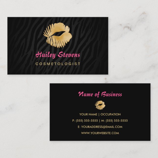 Kissy Lips Gold and Black Zebra Print Makeup Business Card (Front/Back)