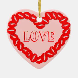 Kissy Lips Heart Ceramic Ornament