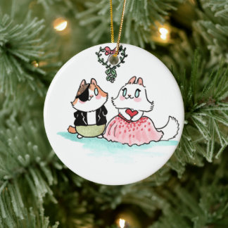 Kit and Angora under the mistletoe Ceramic Ornament
