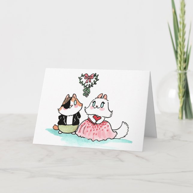 Kit and Angora under the mistletoe Holiday Card (Front)