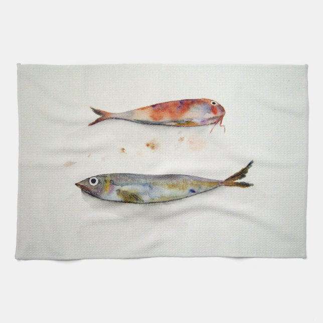 Kitchen bath with fish in watercolor towel (Horizontal)