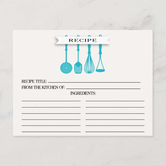 Kitchen Blue Utensils Bridal Shower Recipe Cards (Front)