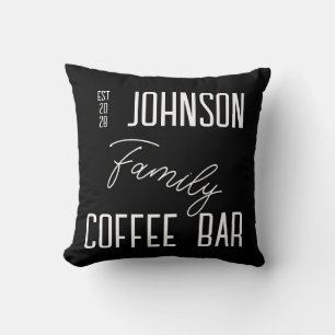 Kitchen Coffee Bar Family Name Black and White Throw Pillow