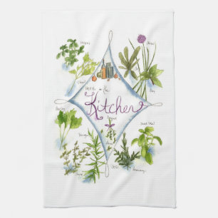 Kitchen Cooking Herbs Watercolor Illustration Art Kitchen Towel