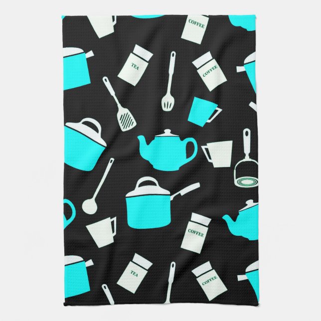 Kitchen Cookware | Black White & Turquoise Towel (Vertical)