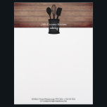 Kitchen Crock Rustic Wood Caterer Restaurant Food Letterhead<br><div class="desc">Illustration of kitchen crock with spoon,  whisk,  and spatula with custom white text.  Background is rustic wood plank.  Contact info at bottom.</div>