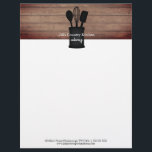 Kitchen Crock Rustic Wood Caterer Restaurant Food Letterhead<br><div class="desc">Illustration of kitchen crock with spoon,  whisk,  and spatula with custom white text.  Background is rustic wood plank.  Contact info at bottom.</div>