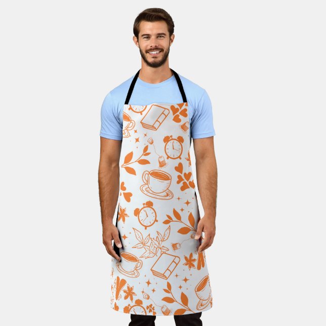 kitchen dining cute tea coffee book orange pattern apron (Worn)