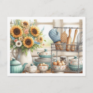 Kitchen Dishes Bakers Rack Blue Teapot Postcard