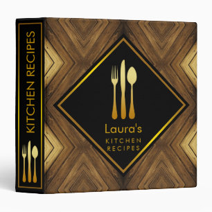 Kitchen Family Recipe Cook Book Wooden Gold Black Binder