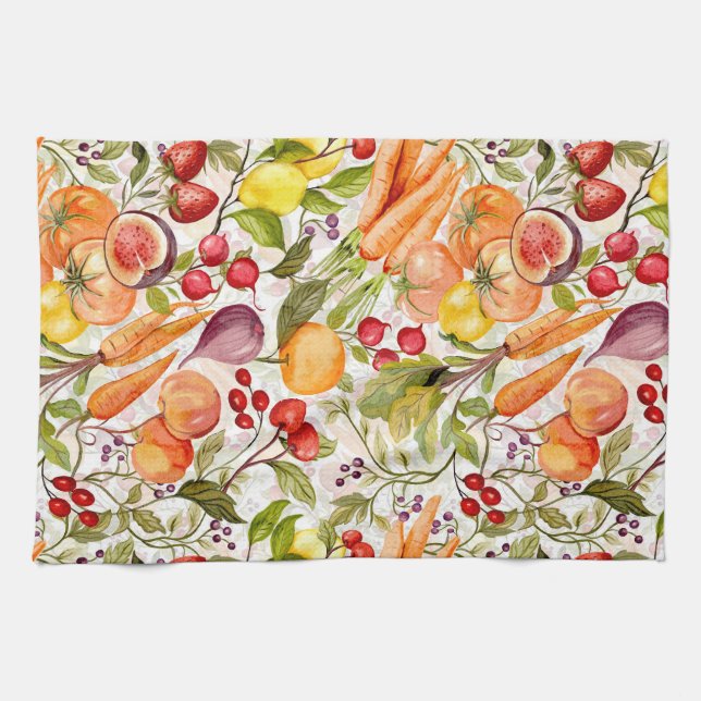 Kitchen Garden Harvest Watercolor Fruit & Veggie Towel (Horizontal)