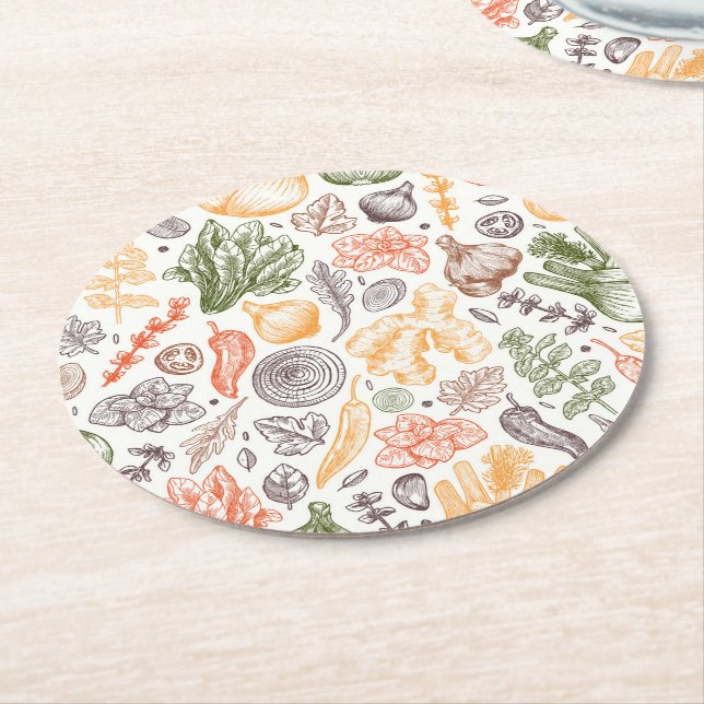 Kitchen Garden Vegetable Pattern Round Paper Coaster (Angled)