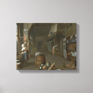 Kitchen interior with two maids preparing food canvas print