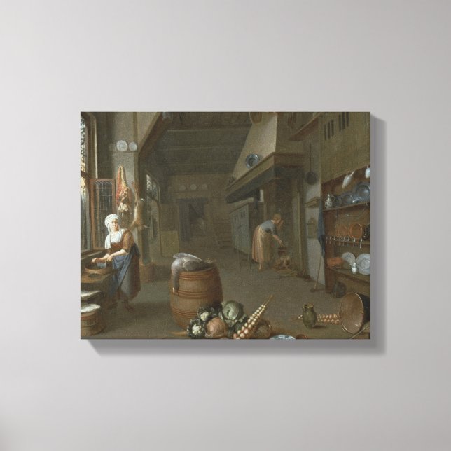 Kitchen interior with two maids preparing food canvas print (Front)