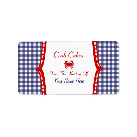 Kitchen Label - Blue Gingham And Red "Crab Cakes"