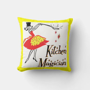Kitchen Magician Retro Cooking Art Yellow Border Throw Pillow