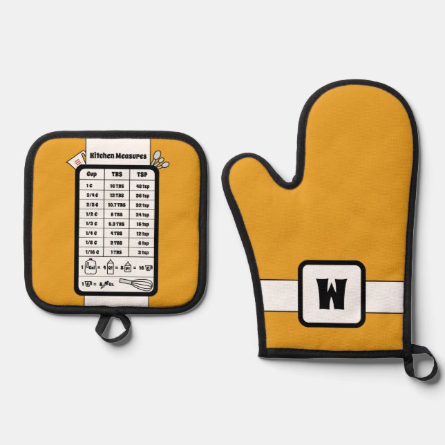 Kitchen Measurement Helper in Mustard Oven Mitt & Pot Holder Set (Front)