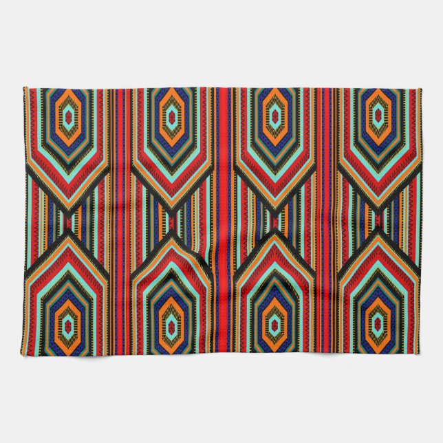 Kitchen Mexican Red Teal Blue Orange Black Inca Kitchen Towel (Horizontal)