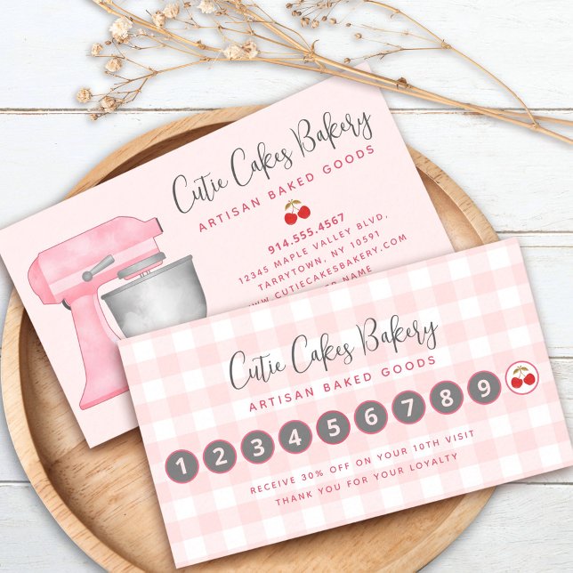 Kitchen Mixer Blush Pink Gingham Plaid Bakery Chef Loyalty Card (Creator Uploaded)