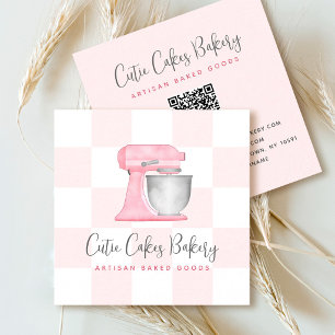 Kitchen Mixer Blush Pink QR Code Chequered Bakery Square Business Card