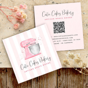 Kitchen Mixer Blush Pink QR Code Stripes Bakery Square Business Card