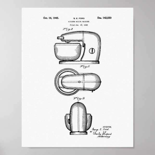 Kitchen Mixing Machine 1945 Patent Art White Paper Poster (Front)
