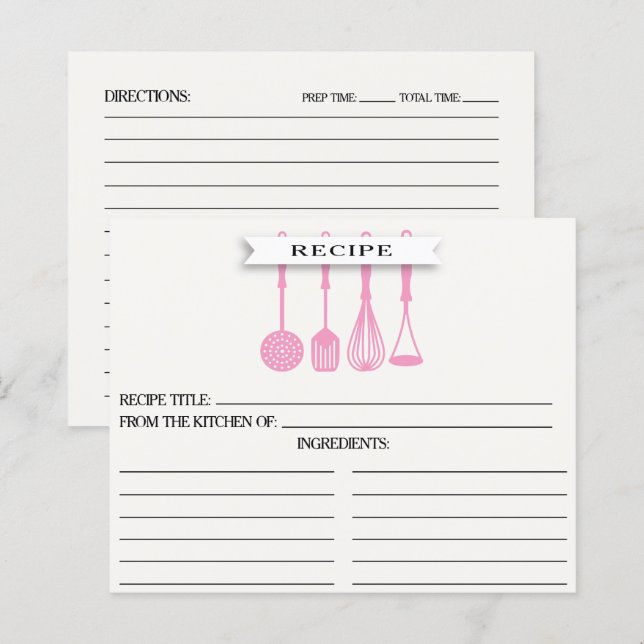 Kitchen Pink Utensils Bridal Shower Recipe Cards (Front/Back)