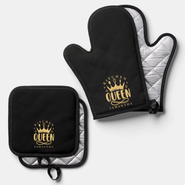 Kitchen Queen Gold Crown Custom Name Oven Mitt & Pot Holder Set (Front/Back)