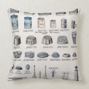 Kitchen storage and utensils from a trade catalogu throw pillow