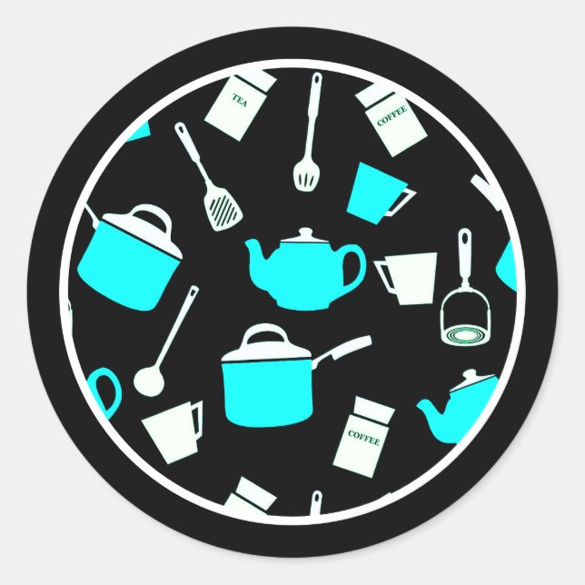 Kitchen Themed Utensils & Cookware Pattern Classic Round Sticker (Front)