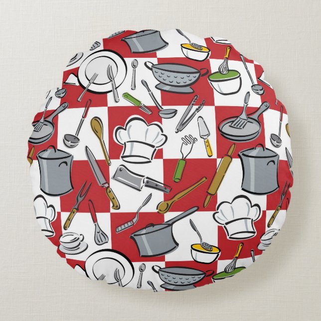 Kitchen Tools Check Round Pillow (Front)