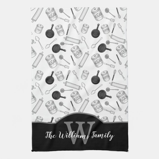 Kitchen Tools Pattern Monogram - Black | White Kitchen Towel (Vertical)