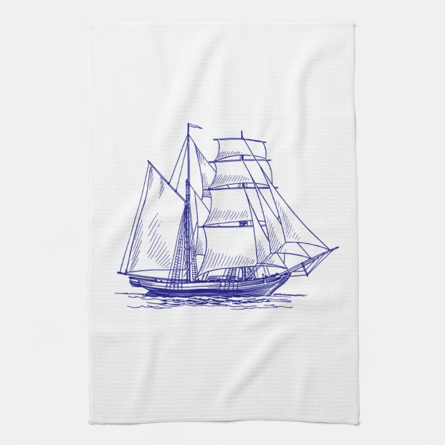 Kitchen towel chic nautical blue sailing ship  (Vertical)