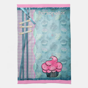 Kitchen Towel Cute Pink Cupcake Personalized