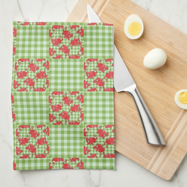 Kitchen Towel: Cute Red Dragons on Green Gingham Kitchen Towel (Quarter Fold)