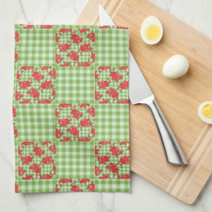 Kitchen Towel: Cute Red Dragons on Green Gingham Towel
