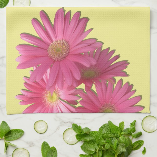 Kitchen Towel - Dark Pink Gerbera Daisies (Folded)